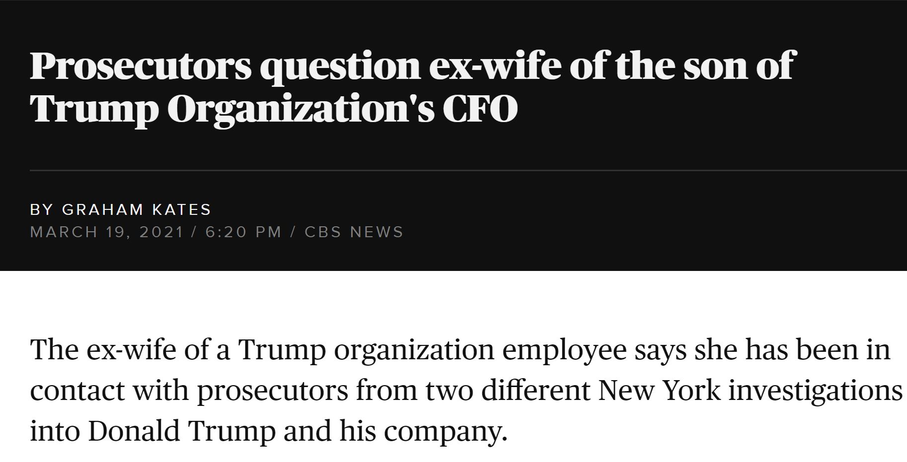 Jennifer Weisselberg said criminal investigators with the Manhattan District Attorney's office began questioning her in December